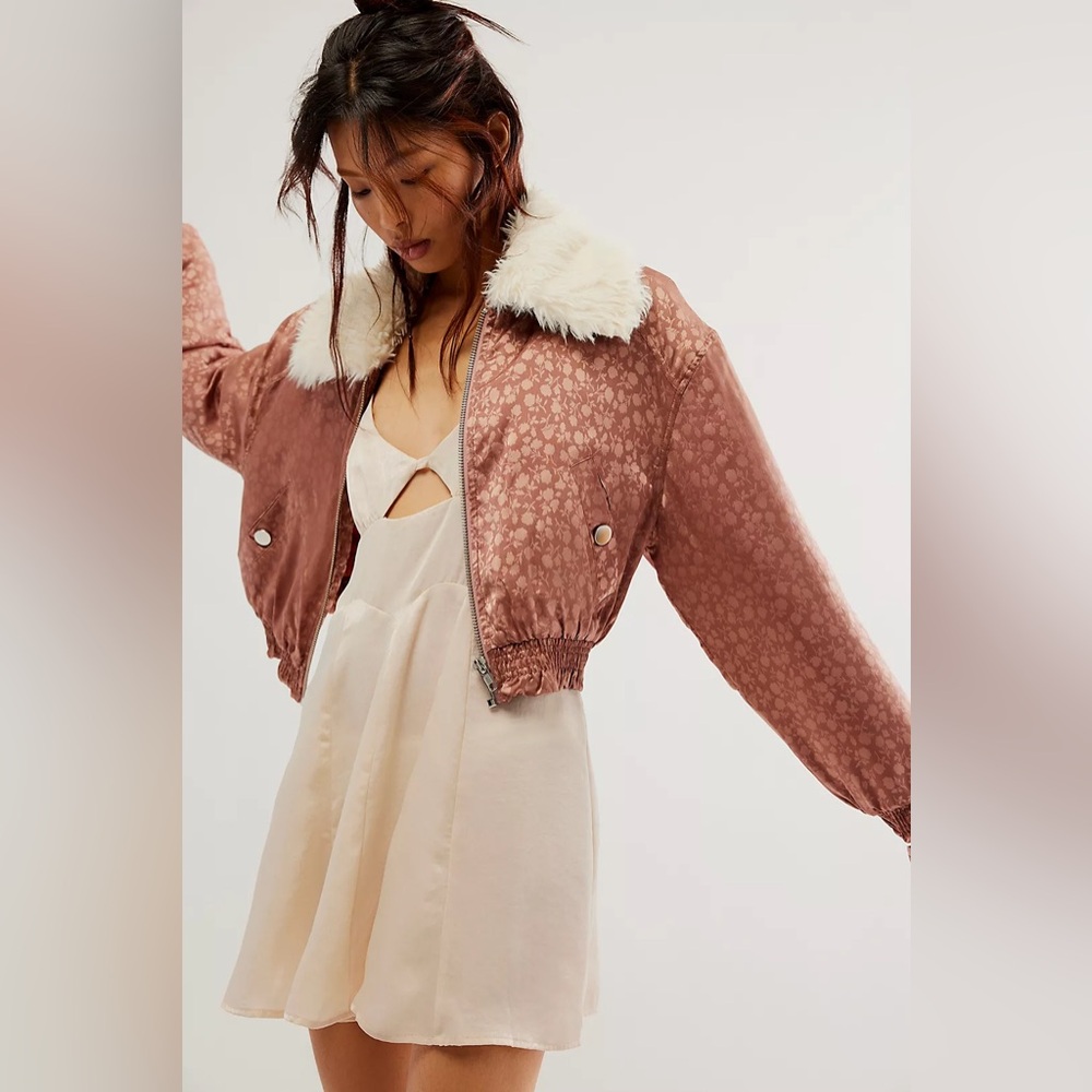Free People Crafted Floral Bomber Jacket Brown Large L